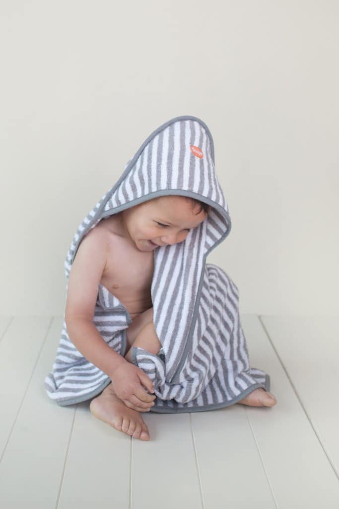 striped troupe hooded baby towel with toddler