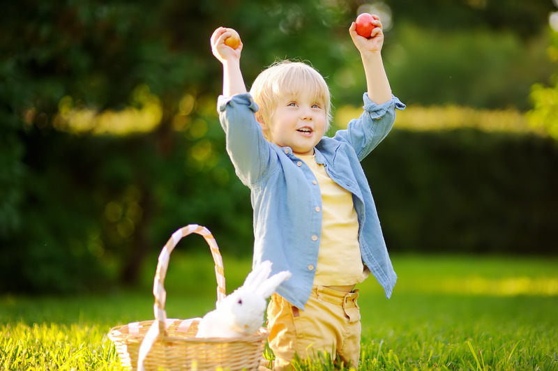 Charming little boy hunting for easter egg in spring park on Easter day. Cute little child with traditional bunny celebrating feast outdoors