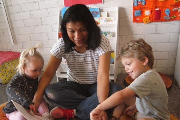Sutherland Shire Childrens Services Family Day Care Worker Magda in the garden with child 